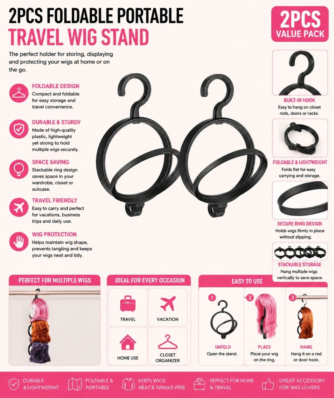 2pcsFoldable Portable Travel Wig Stand, Wig Holder, Wig Storage Rack, E005SN