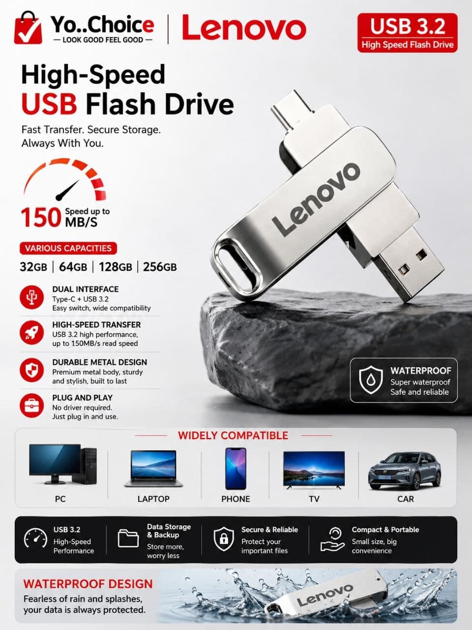 Lenovo USB 3.2 Flash Drive 32GB High-Speed Metal USB Flash Drive, Storage Card, Waterproof C013SN
