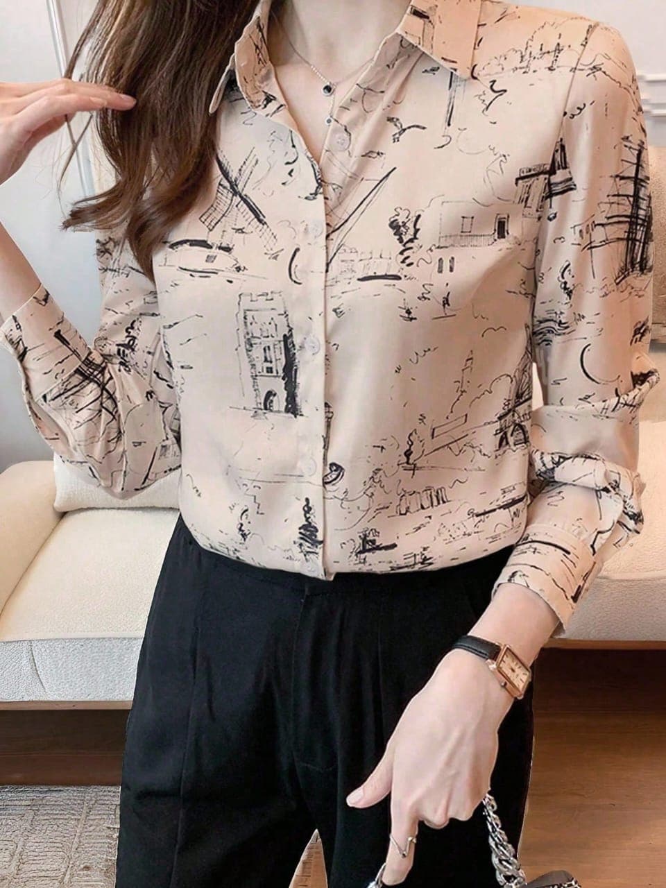 L123SN EMERY ROSE Women's Minimalist Button-Up Long Sleeve Shirt