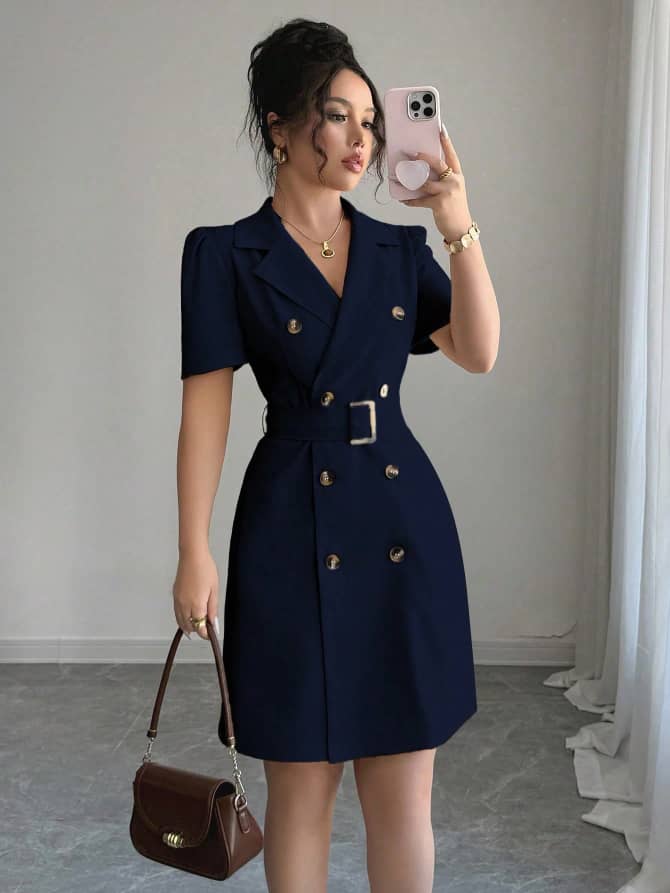 L124SN SHEIN Raffinéa Collared Tie-Waist Double-Breasted Puff Sleeve Dress