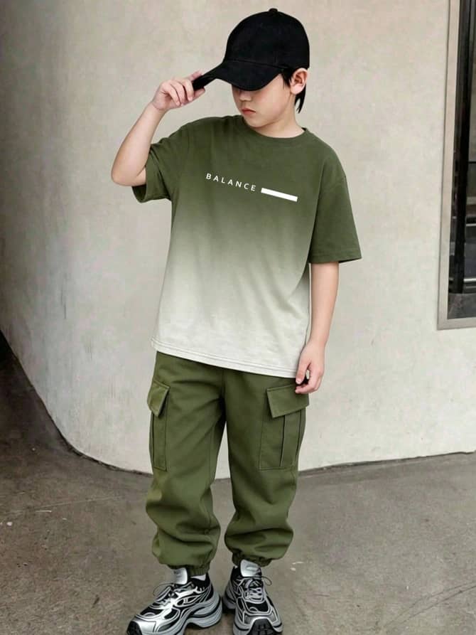 L009SN SHEIN Vacaura Tween Boys T-Shirt & Cargo Pants Set