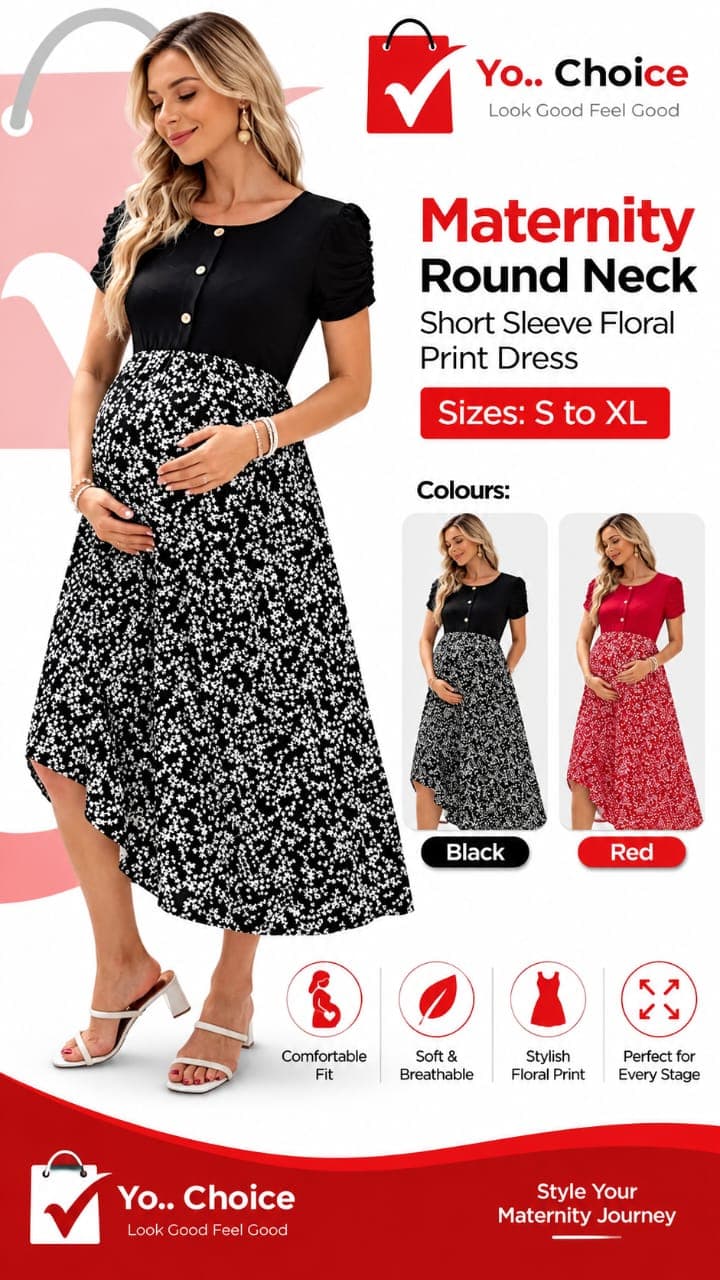 L146SN Maternity Round Neck Short Sleeve Floral Print Dress